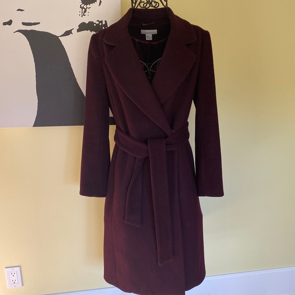 H&M Jackets & Blazers - Gorgeous H&M Plum Coloured Wool Blend Long Wrap Coat - Size 2